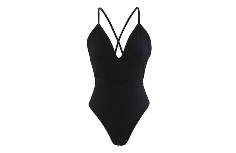 black swimwear with a cross back strap