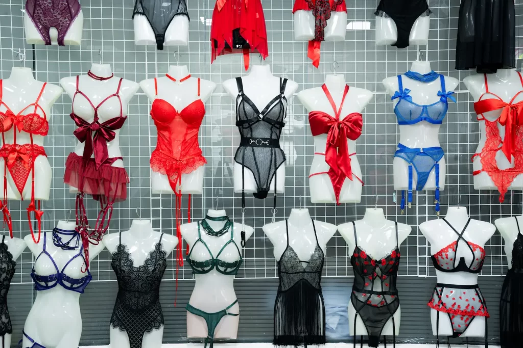 various lingerie samples worn by plastic dummy models